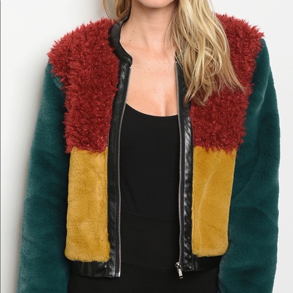 Green Mustard Multicolor Block Lined Faux Fur Jacket - Picture 3 of 9